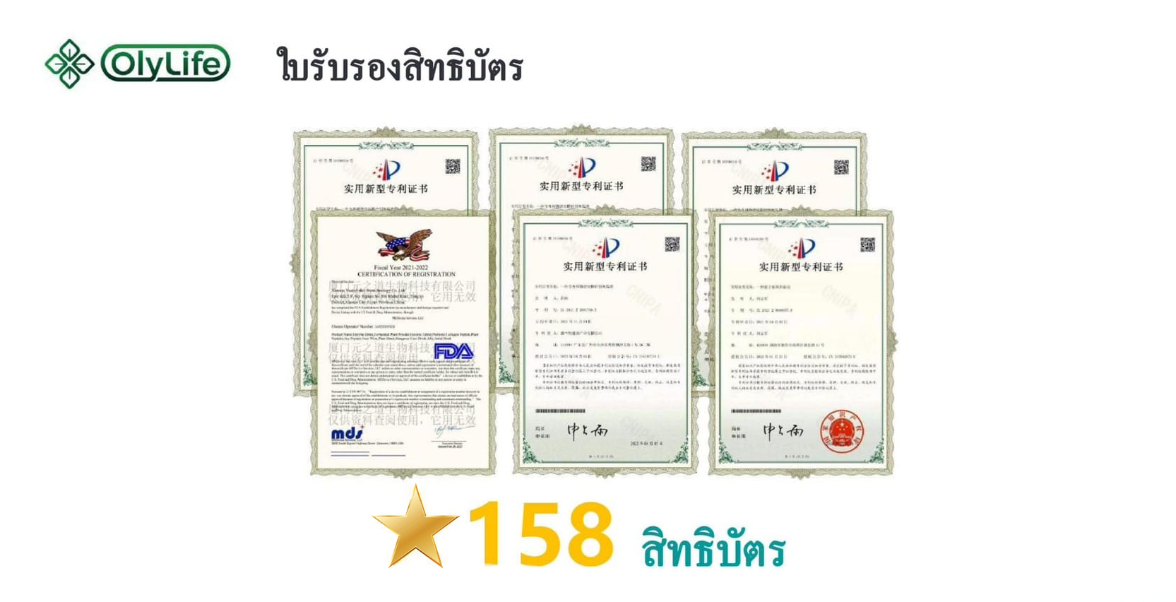 Olylife certifications สิทธิบัตร โอลี่ไลฟ์ ตัวช่วยออกกำลังกาย เทลาเฮิตรซ์